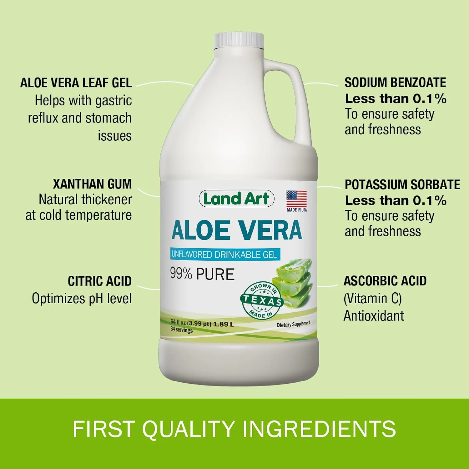 Land Art Pure Aloe Vera Drinkable Gel Unflavored - Cold-Processed Inner Filet - from Organic Fresh Leaves from Texas - for Heartburn Relief - Acid Reflux - 64 fl oz