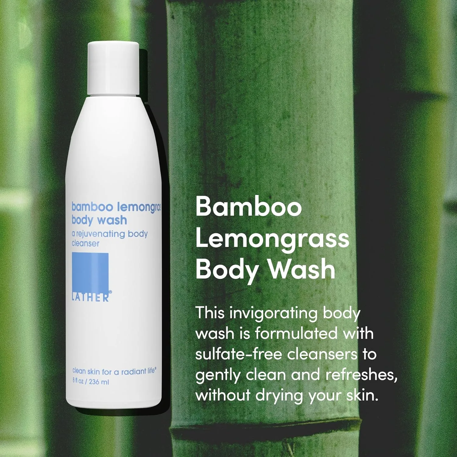 LATHER - Bamboo Lemongrass Natural Body Wash, 8 fl oz - Shower Gel Cleanser - Body Soap - Essential Oils - Green Tea, Aloe Vera, Jasmine - All Skin Types, Vegan, Cruelty Free - Beauty & Skincare