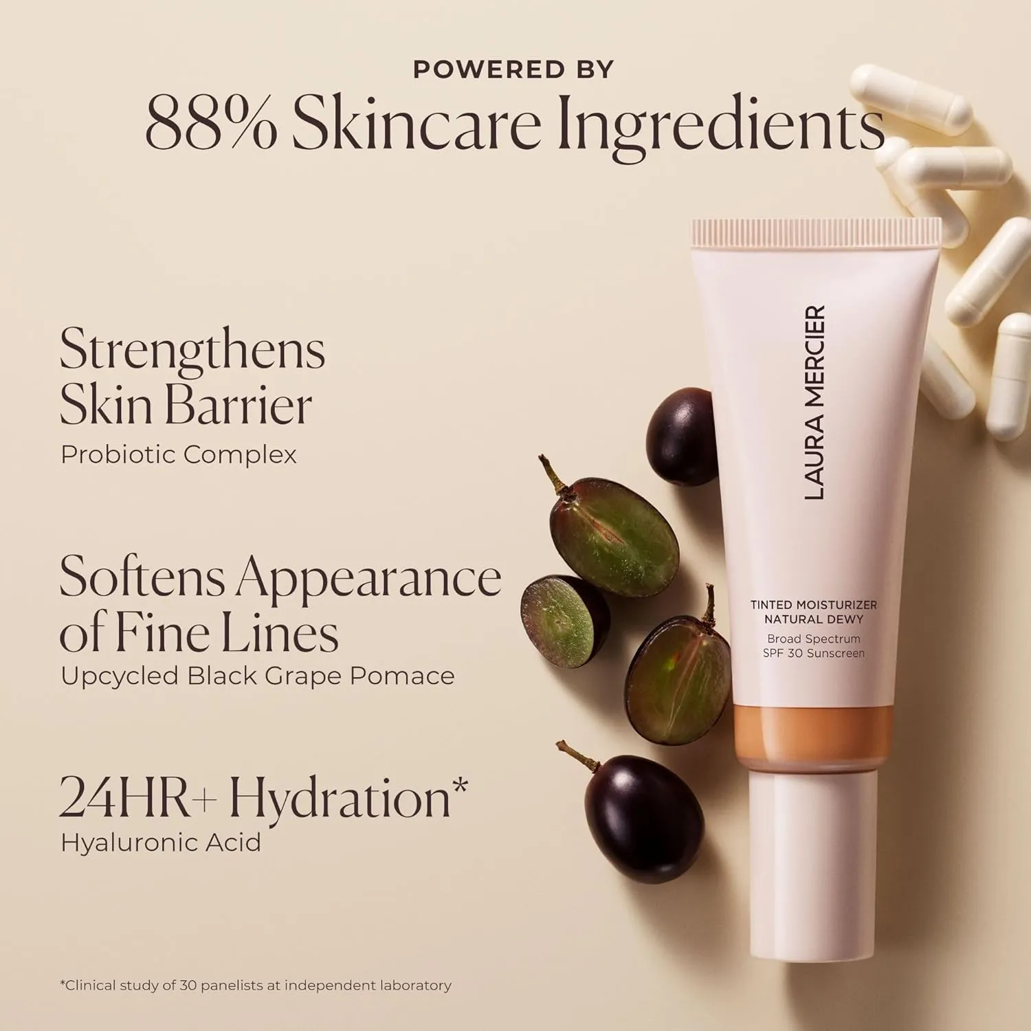 Laura Mercier Tinted Moisturizer Natural Dewy with SPF 30: 24HR  Hydration, Long Lasting, Sheer to Light, Buildable Coverage, Dewy Finish, Improve Skin Tone and Texture, Skin Tint