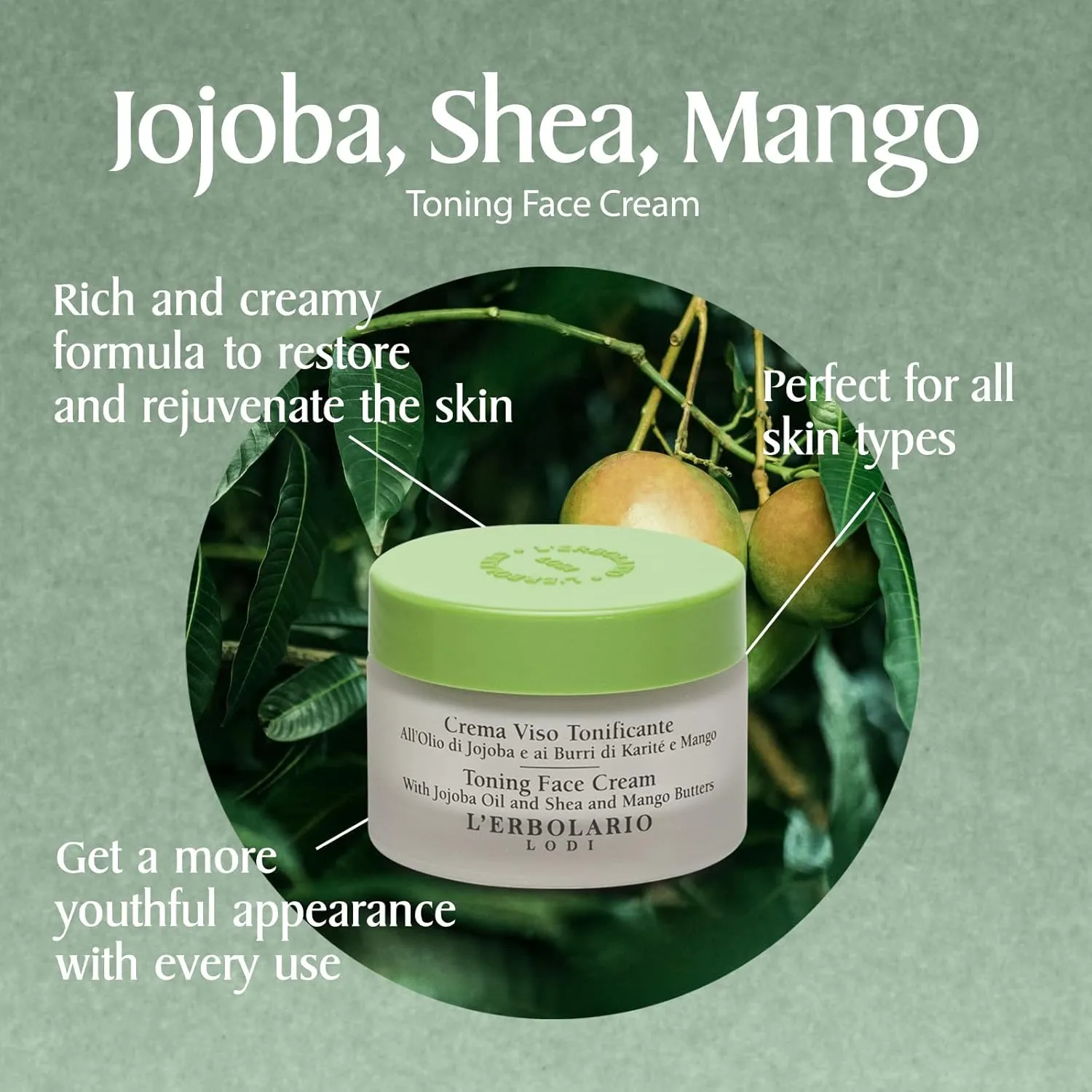 L'Erbolario Toning Face Cream - Face Moisturizer with Jojoba Oil, Shea Butter - Nourishing Day and Night Facial Moisturizer for All Skin Type - 1.6 oz
