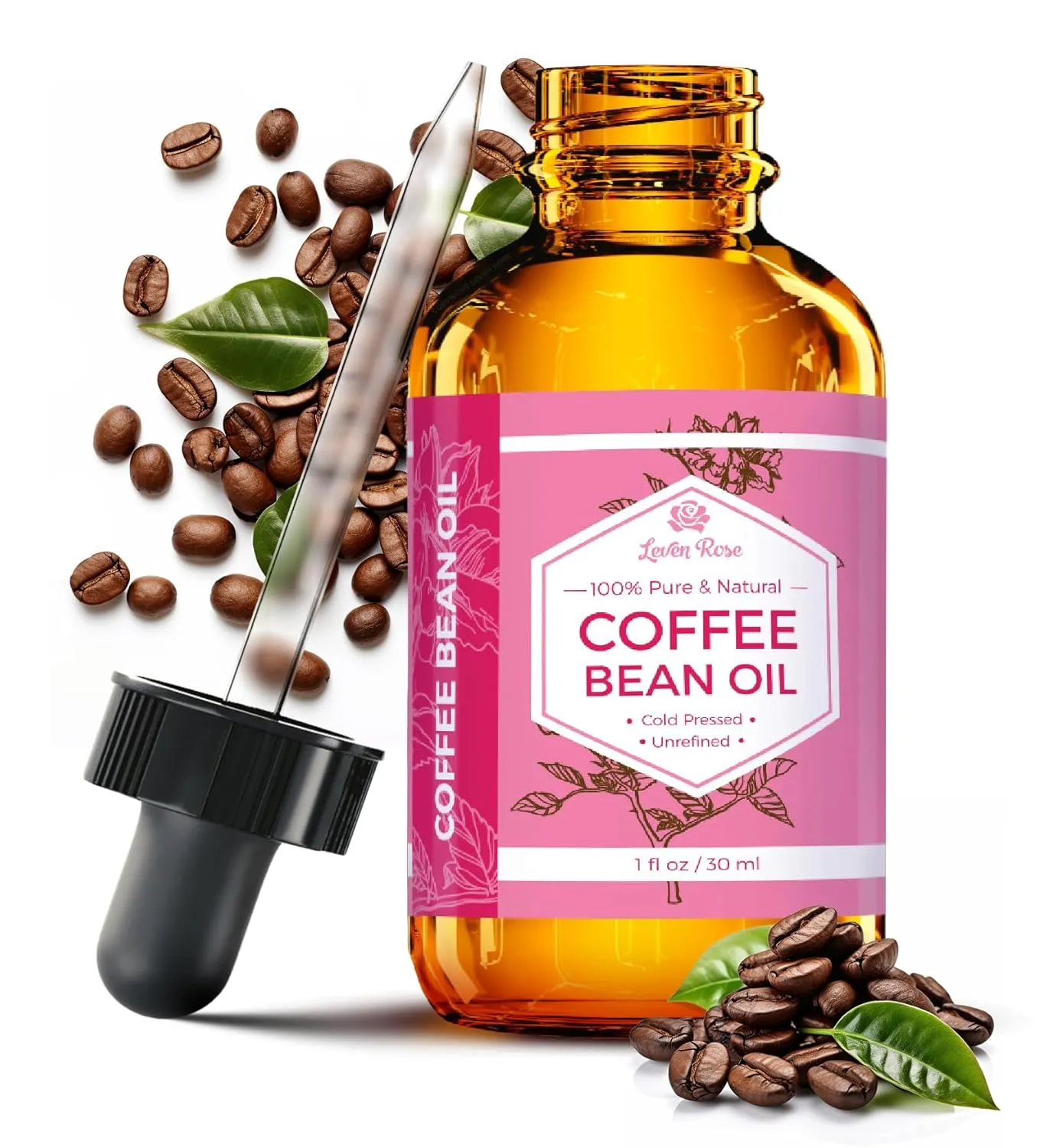 Leven Rose Coffee Bean Oil 1 oz - 100% Natural Cold Pressed Oil - Unrefined Coffee Oil for Skin and Hair