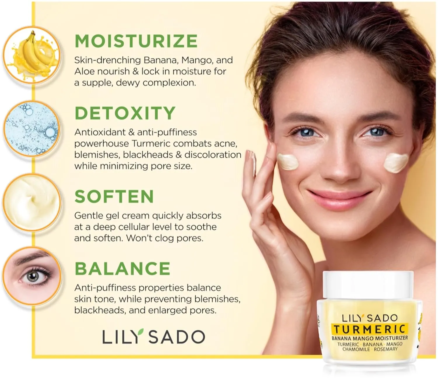 LILY SADO Turmeric Banana Mango Face Moisturizer - Luscious Creamy Nutrient-Rich Natural Daily Facial Cream w Chamomile & Rosemary - Vegan Anti-Aging Lotion For Wrinkles & Fine Lines
