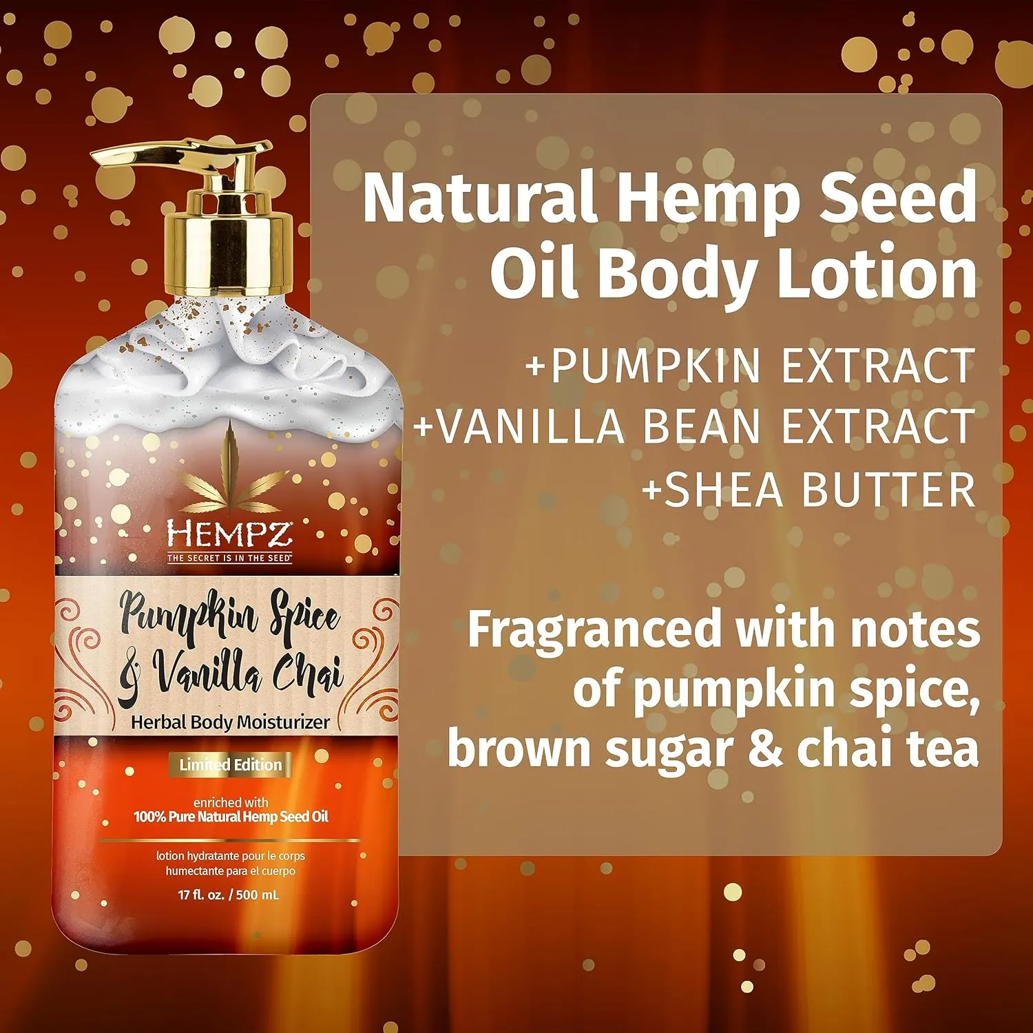 Limited Edition Pumpkin Spice & Vanilla Chai Herbal Moisturizing Body Lotion (17 oz) – Fall Scented for Women or Men with Dry or Sensitive Skin - Hydrating Moisturizer for Daily Radiance