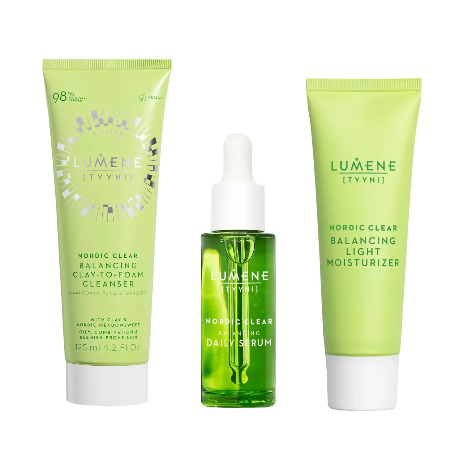 Lumene Nordic Clear [Tyyni] Balancing Skincare Trio – Clay-to-Foam Cleanser (4.2 oz), Daily Serum (1 fl oz), Light Moisturizer (1.7 oz) – For Oily, Combination & Blemish-Prone Skin
