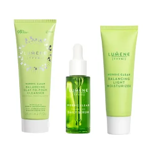 Lumene Nordic Clear [Tyyni] Balancing Skincare Trio – Clay-to-Foam Cleanser (4.2 oz), Daily Serum (1 fl oz), Light Moisturizer (1.7 oz) – For Oily, Combination & Blemish-Prone Skin