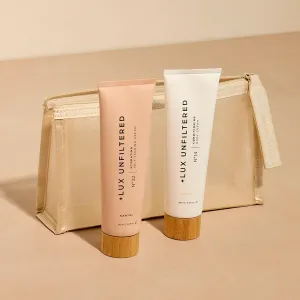   Lux Unfiltered First Class Glow Travel Kit, Includes N°32 Hydrating Self Tanning Cream in Santal, N°14 Conditioning Body Cream in Santal and a Water Resistant Cosmetic Pouch, Easy Storage