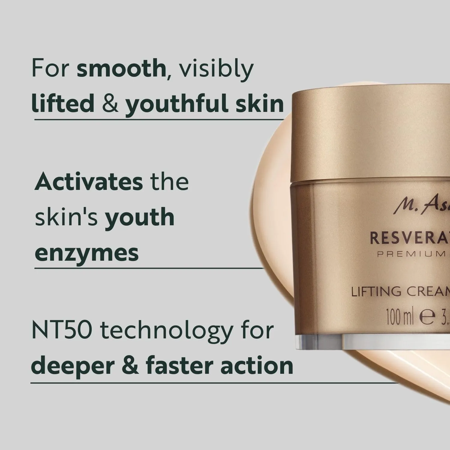 M. Asam RESVERATROL PREMIUM NT50 Lifting Cream (3.38 Fl Oz) – Moisturizer Face Cream with Hyaluronic Acid, Facial Moisturizer for Firm and Smooth Skin, Vegan Skincare for Youthful Radiance