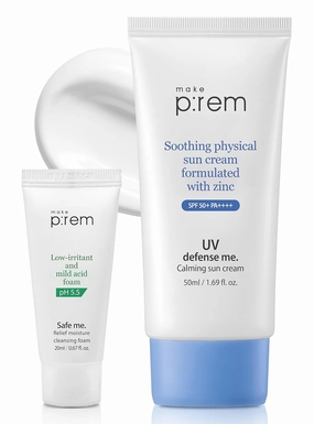 MAKEPREM UVA UVB Defense Me Calming Sun Cream VEGAN Sunblock SPF 50  PA     1.69 Fl Oz Reef-Safe Non-Nano Mineral Sunscreen Broad UV Protection Blue Ray Dry Sensitive Acne-Prone Oily Skin No Chemical