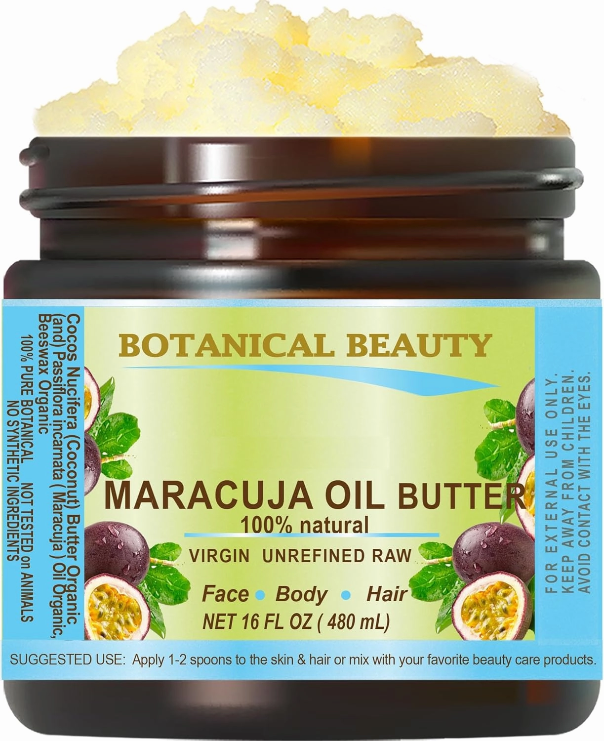 MARACUJA OIL BUTTER RAW 100% Pure Natural VIRGIN UNREFINED Cold-Pressed Carrier 16 Fl oz 480 ml for Face, Skin, Body, Hair, Lip, Nails. Rich in Vitamin E by Botanical Beauty