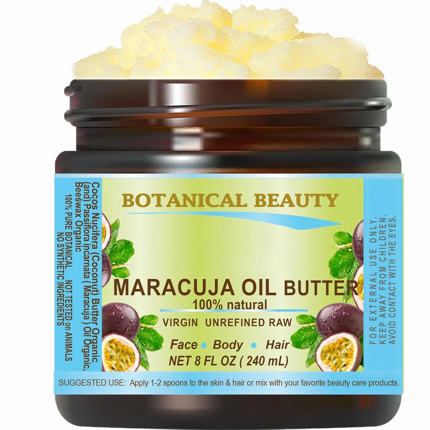 MARACUJA OIL BUTTER RAW 100% Pure Natural VIRGIN UNREFINED Cold-Pressed Carrier 8 Fl oz 240 ml for Face, Skin, Body, Hair, Lip, Nails. Rich in Vitamin E by Botanical Beauty