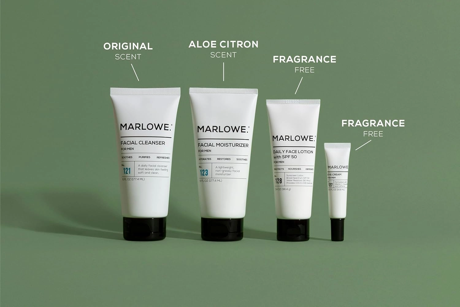 MARLOWE. Mens Skin Care Set, No. 204 Daily Essential Face Kit, No. 121 Facial Cleanser, No. 123 Facial Moisturizer, No. 127 Eye Cream, No. 128 Daily Face Lotion with SPF 50, Great Gift for Men