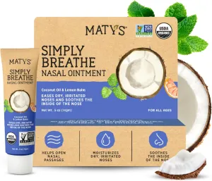 Matys Simply Breathe Nasal Ointment – Dry Nose Relief – Soothes Sore Noses from Air Travel, Dry Climates, CPAP Use & More –Natural Saline Alternative for Adults & Kids – 0.5 oz