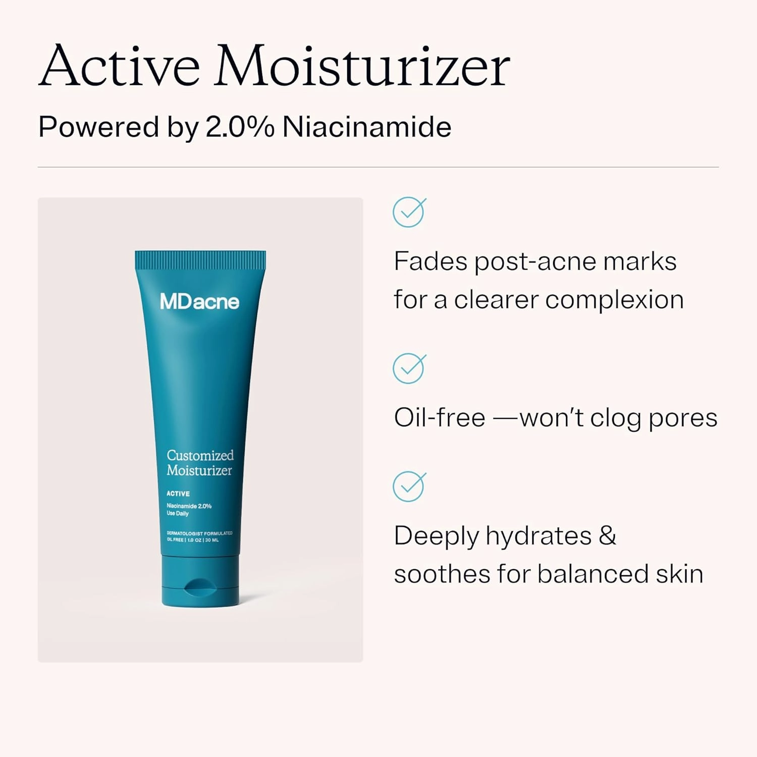 MDacne Facial Moisturizer with Niacinamide 2% - Oil-Free Active Daily Treatment Cream to Reduce Under-Eye, Dark Circles & Wrinkles - Soothing & Moisturizing 2 oz (Pack of 1)