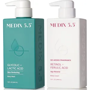 MEDIX Exfoliating Glycolic Acid Body Wash & Face Wash   Fragrance Free Retinol Body Lotion Skin Care Set | Crepey Skin Care Treatment | Lactic Acid Foaming Wash For KP Bumps, Keratosis Pilaris & Acne