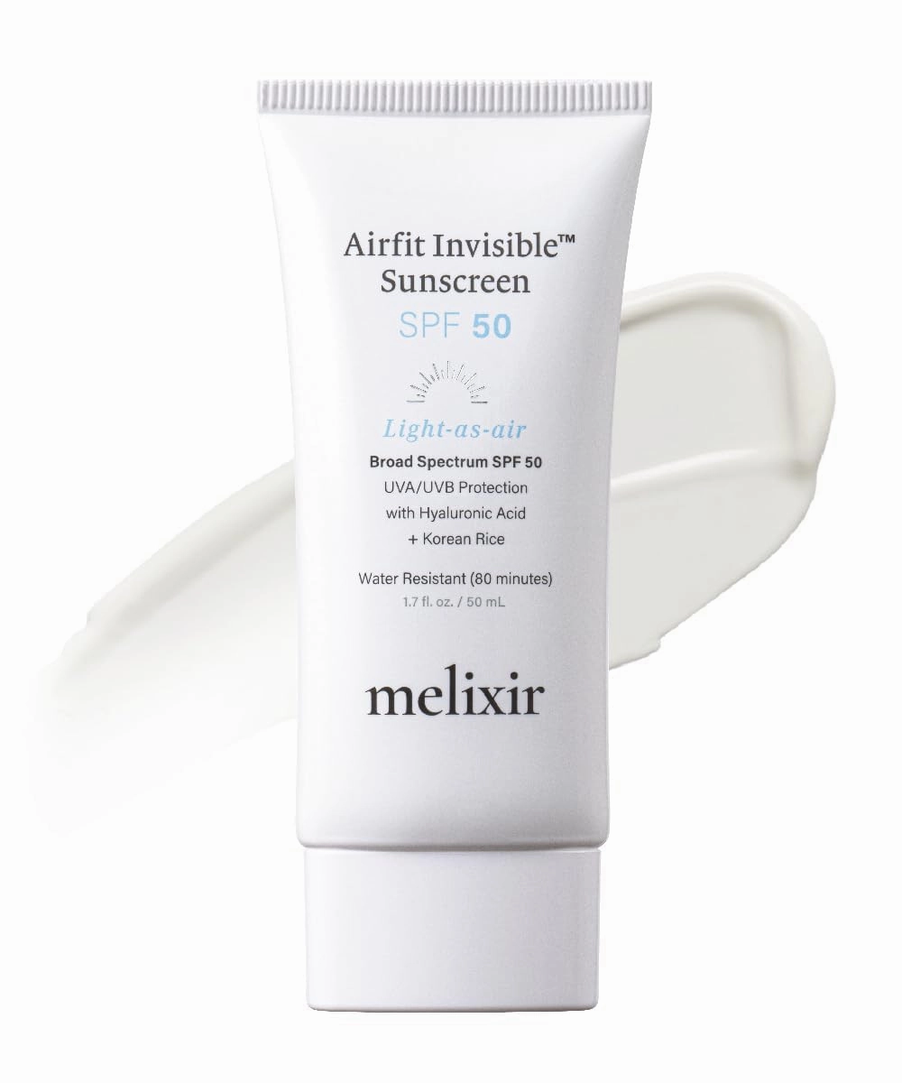 Melixir Airfit Invisible™ Sunscreen SPF 50, Broad Spectrum Korean Rice Sunscreen for Face, Hyaluronic Acid, Moisturizing Daily Protection for Sensitive Skin, No White Cast, Waterproof (1.7fl.oz./50ml)