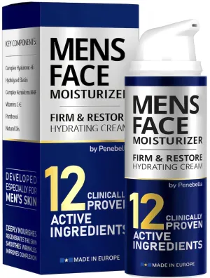 Mens Face Moisturizer - Deep Hydrating & Anti Aging Mens Lotion | Made in Europe | Vitamin C E, Elastin, Hyaluronic 4D - Mens Face Cream for Daily Use - Eye, Face & Neck Mens Skin Care