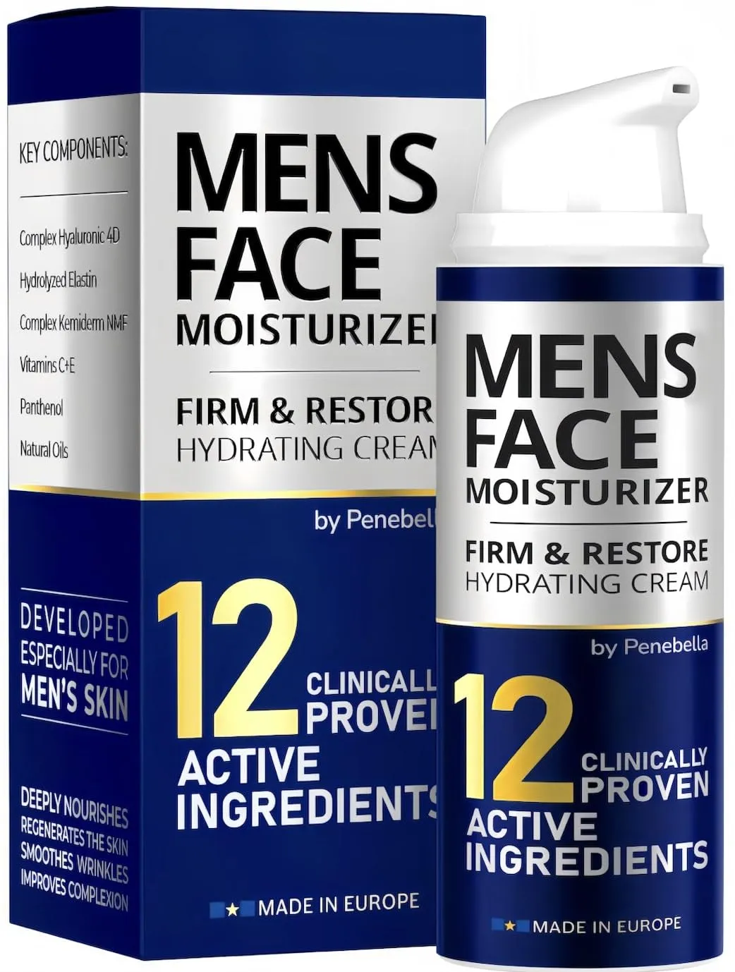 Mens Face Moisturizer - Deep Hydrating & Anti Aging Mens Lotion | Made in Europe | Vitamin C E, Elastin, Hyaluronic 4D - Mens Face Cream for Daily Use - Eye, Face & Neck Mens Skin Care