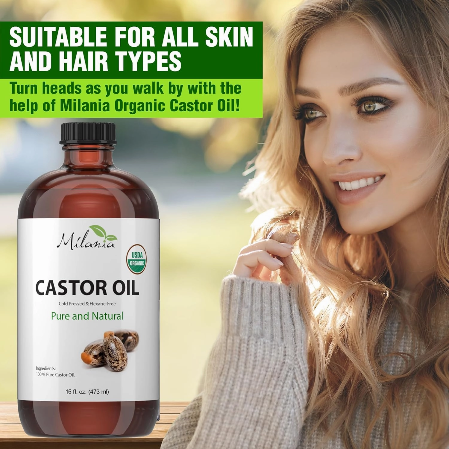 MILANIA Organic Castor Oil - Glass Bottle - Cold Pressed & Hexane-Free (16 fl. oz.)