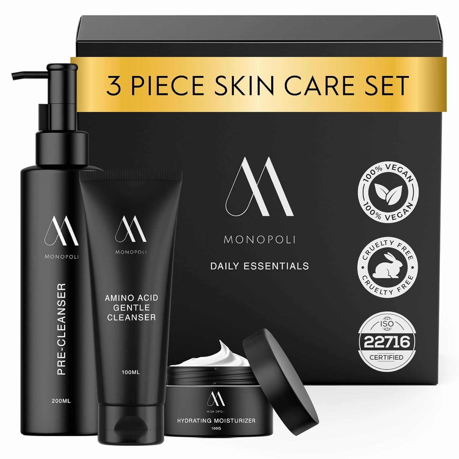 Monopoli Skin Daily Essentials Kit | 3-Piece Skincare Set with Pre-Cleanser, Amino Acid Gentle Cleanser & Hydrating Moisturizer | Essential Collection for Radiant Skin | Essentials for Women & Teens