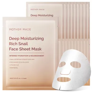MOTHER MADE Moisturizing Anti-aging Snail Mucin Face Masks 20 EA, with Collagen, Niacinamide 2%, Squalane, Face Mask for Dry, Sensitive Skin, Stocking Stuffers, Self Care, Korean Skincare