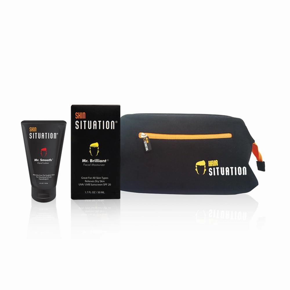 Mr. Smooth Hand Lotion for Dry Skin Relief, Mr. Brilliant Face Moisturizer and Toiletry Bag