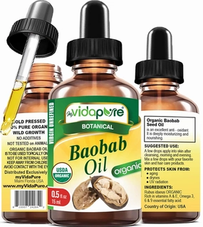 MYVIDAPURE Organic BAOBAB OIL Certified Organic 100% Natural Pure VIRGIN UNREFINED. 0.5 Fl.oz.- 15 ml. For Skin, Face, Hair, Lip and Nail Care