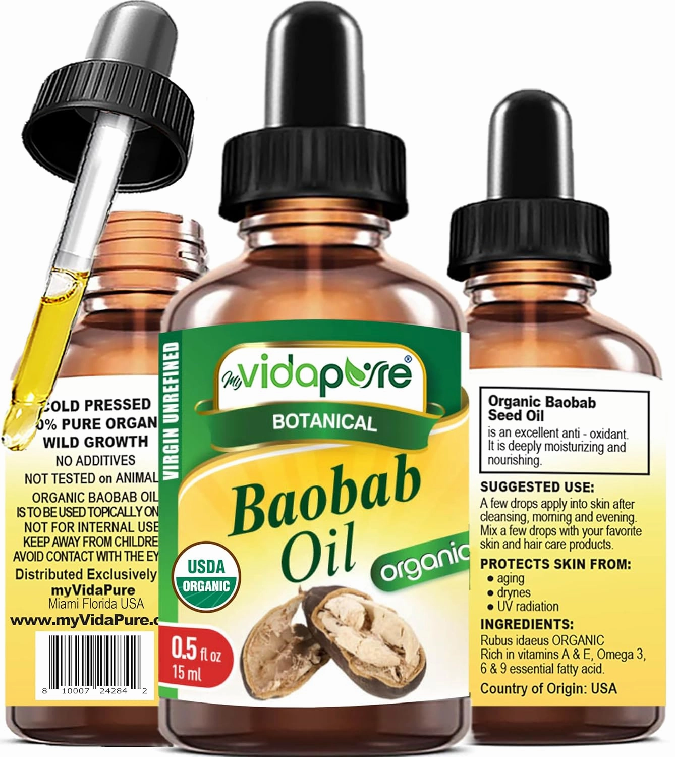 MYVIDAPURE Organic BAOBAB OIL Certified Organic 100% Natural Pure VIRGIN UNREFINED. 0.5 Fl.oz.- 15 ml. For Skin, Face, Hair, Lip and Nail Care