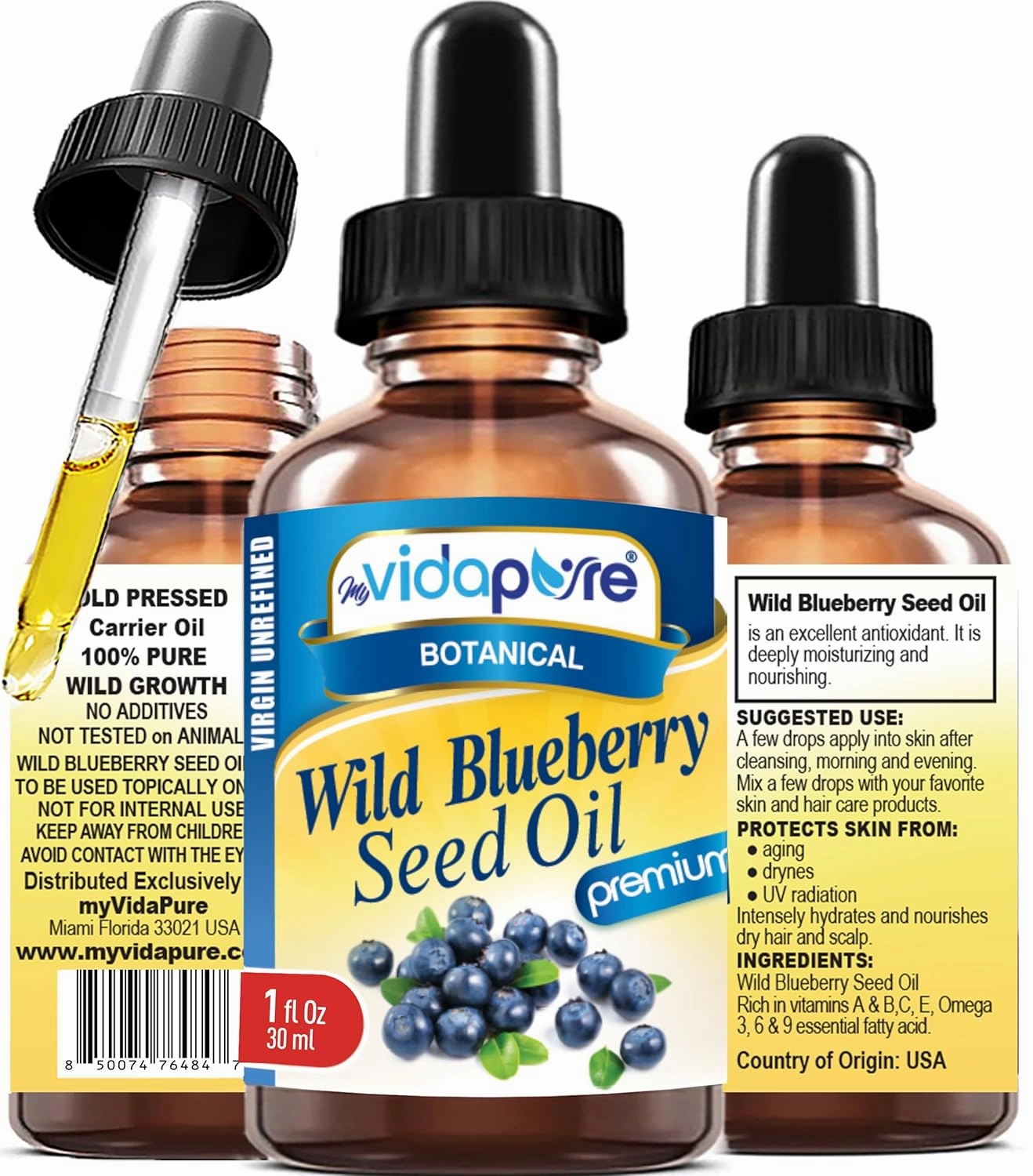 MYVIDAPURE WILD BLUEBERRY SEED OIL 100% Pure Unrefined Virgin Cold Pressed. Moisturizer for Face, Skin, Hair, Nails, Scars, Anti Aging 1 Fl.oz.- 30 ml.