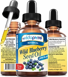 MYVIDAPURE WILD BLUEBERRY SEED OIL 100% Pure Unrefined Virgin Cold Pressed. Moisturizer for Face, Skin, Hair, Nails, Scars, Anti Aging 1 Fl.oz.- 30 ml.