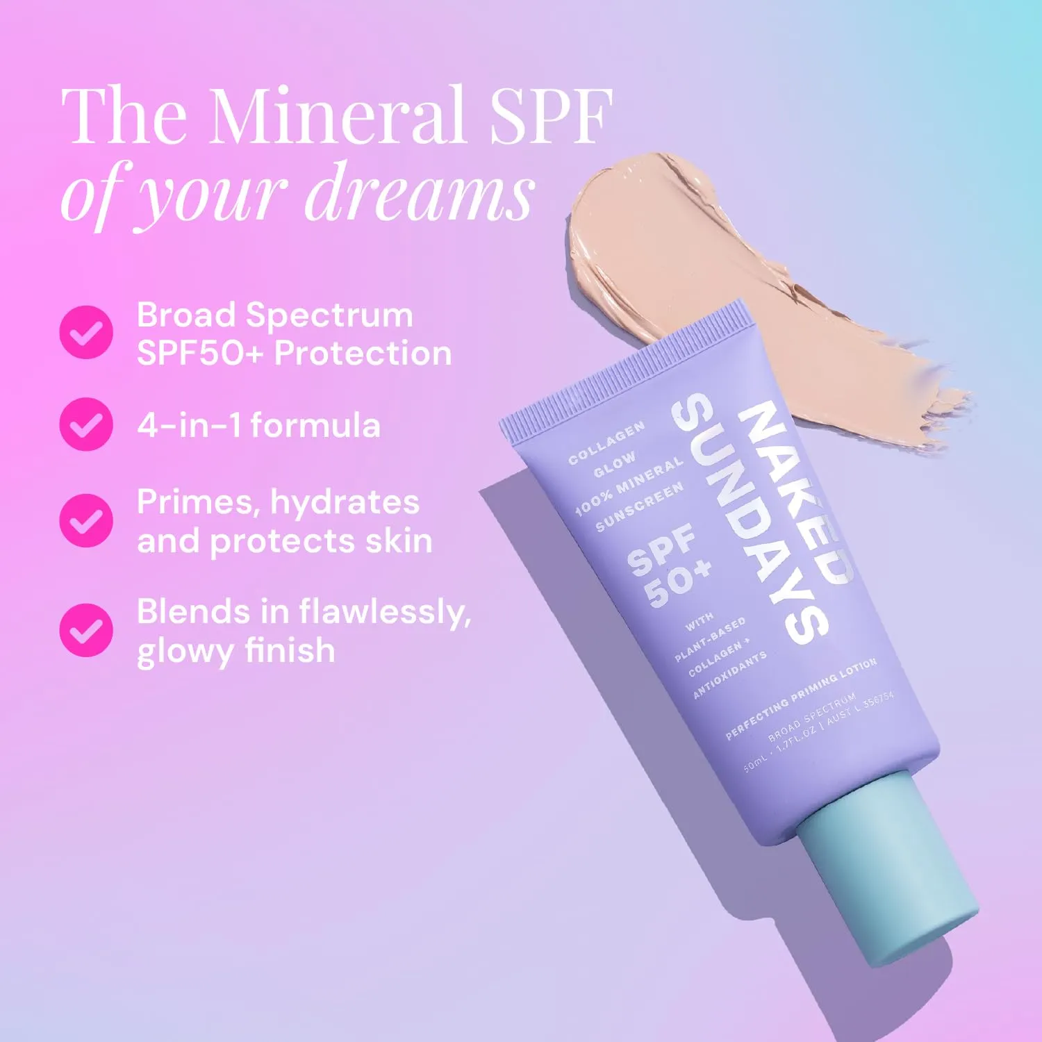 Naked Sundays SPF 50  Mineral Glow Sunscreen – 4-in-1 Daily Moisturizer, Primer & Broad Spectrum Face Sunscreen with Zinc Oxide & Vegan Collagen, Sheer Tint, 50ml