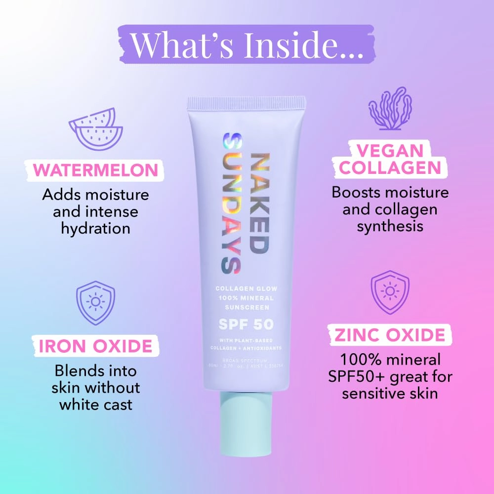 Naked Sundays SPF50  100% Mineral Glow Sunscreen, Daily Hydrating Facial Moisturizer & Primer with Zinc Oxide & Vegan Collagen, Sheer Tint, Broad Spectrum SPF Lotion (Jumbo 80ml)