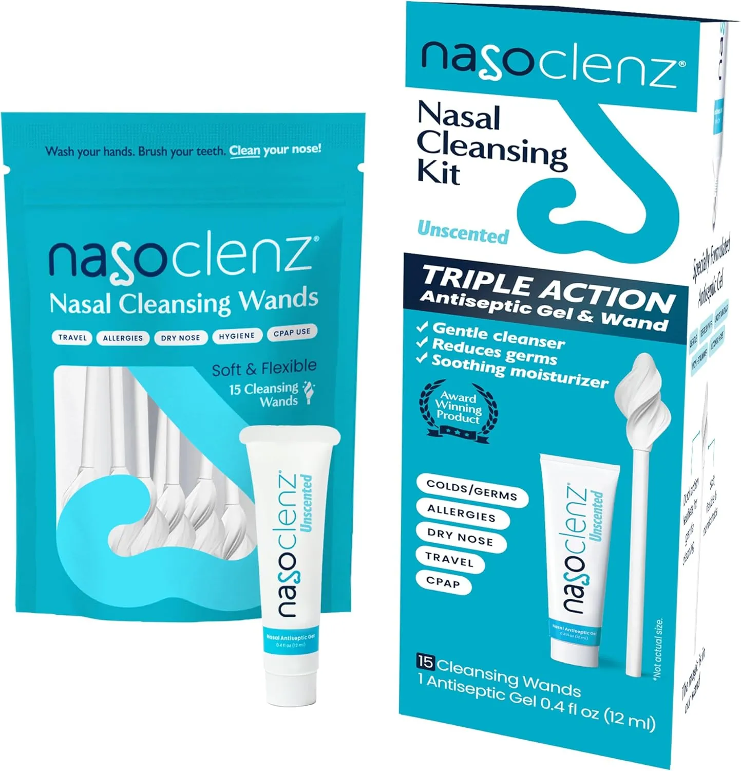 Nasal Cleansing Kit – Gentle, Washable Wand & Antiseptic Gel, Nose Cleaner Reduces Germs & Nasal Moisturizer for Fast Dry Nose & Allergy Relief (Unscented 15 Count, up to 120 uses)