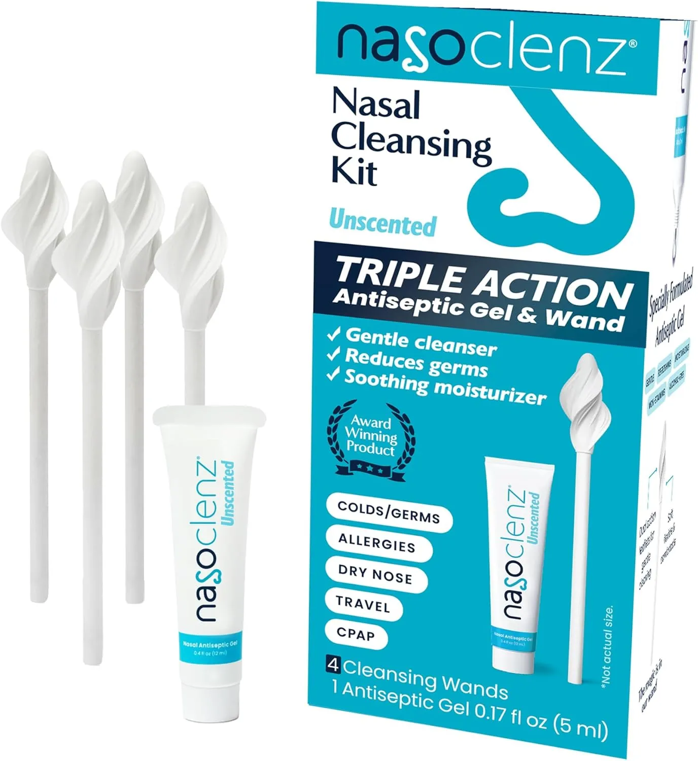 Nasal Cleansing Kit – Gentle, Washable Wand & Antiseptic Gel, Nose Cleaner Reduces Germs & Nasal Moisturizer for Fast Dry Nose & Allergy Relief (Unscented 4 Count, up to 50 uses)