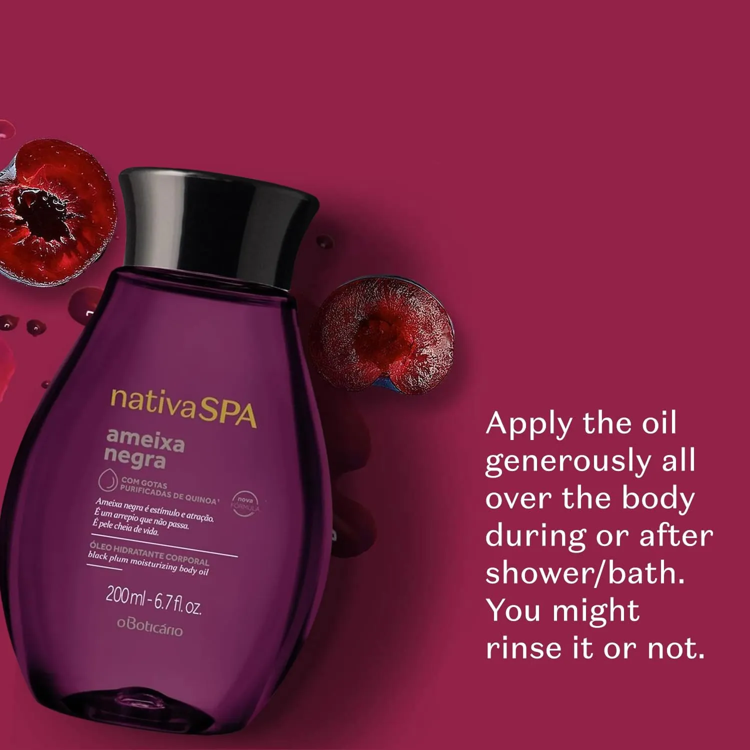 Nativa SPA by O Boticário, Black Plum Body Oil, Scented Moisturizer, Enriched with Purified Quinoa Drops to Boost Hydration, 6.8 Ounce