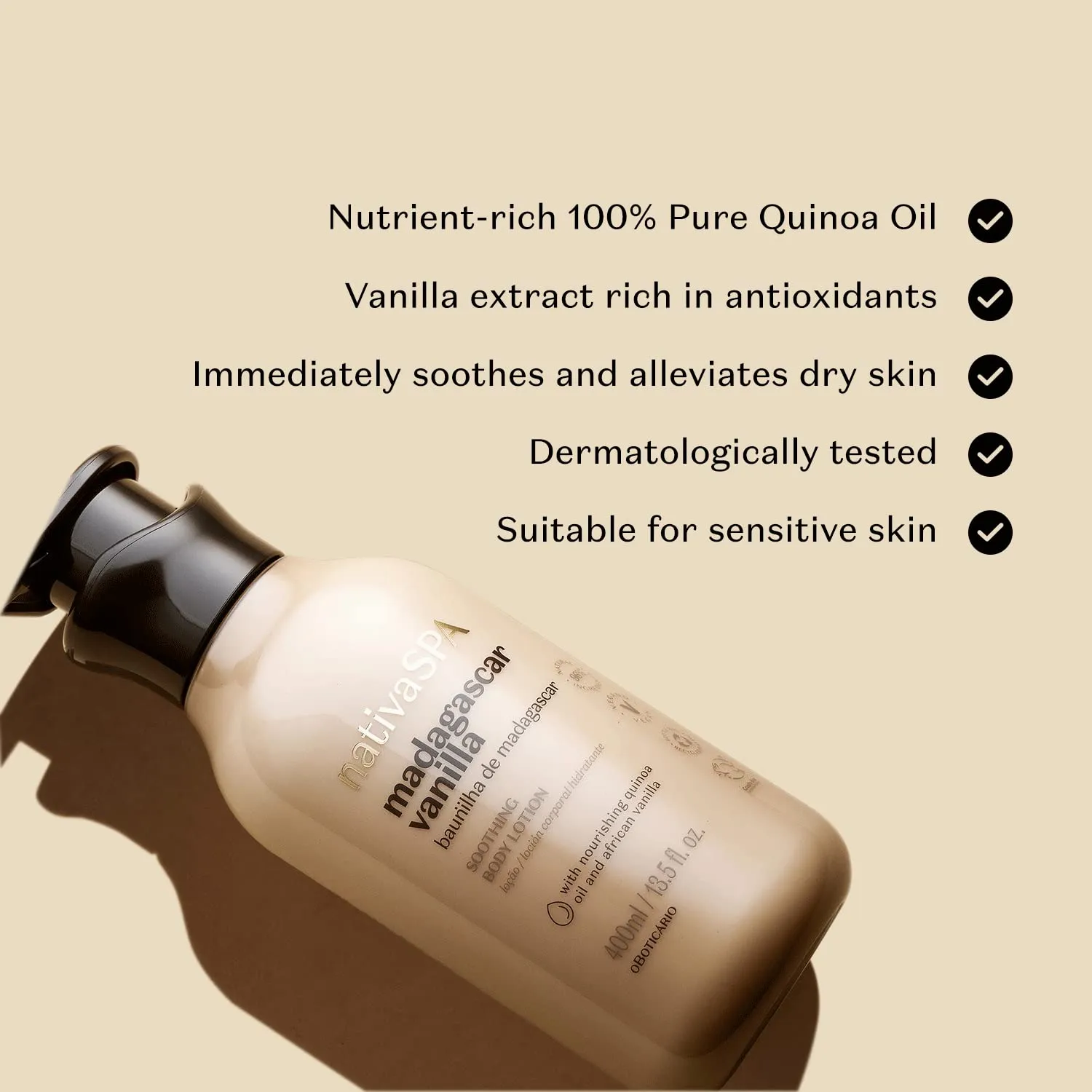Nativa SPA by O Boticário, Madagascar Vanilla Moisturizing Body Lotion, Fragranced Skin Moisturizer with Purified Quinoa Drops, 13.5 Ounce