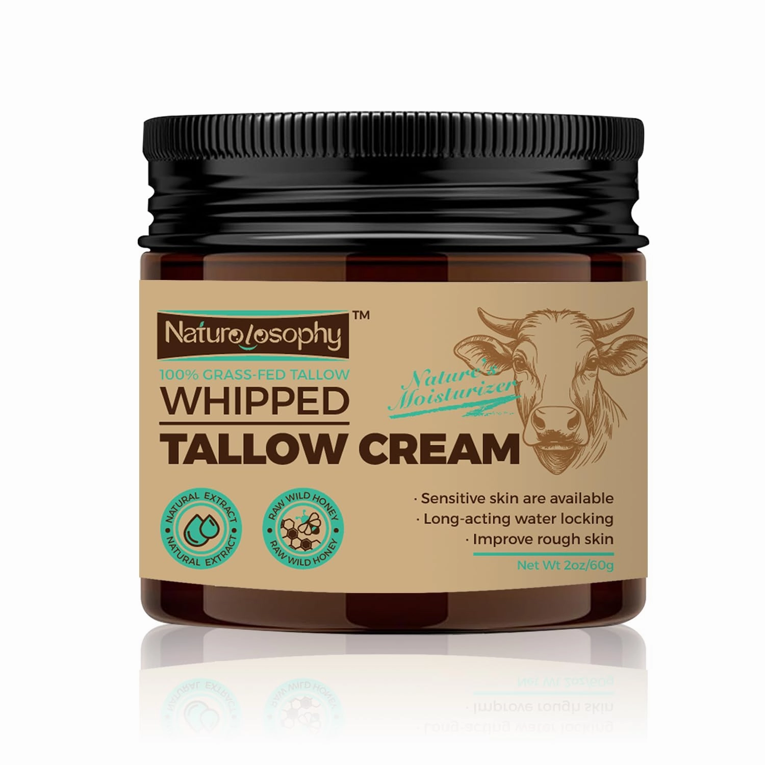 Naturolosophy Whipped Tallow Cream, 100% Grass-Fed, Natural Moisturizer for Sensitive Skin Beef Tallow for Skin