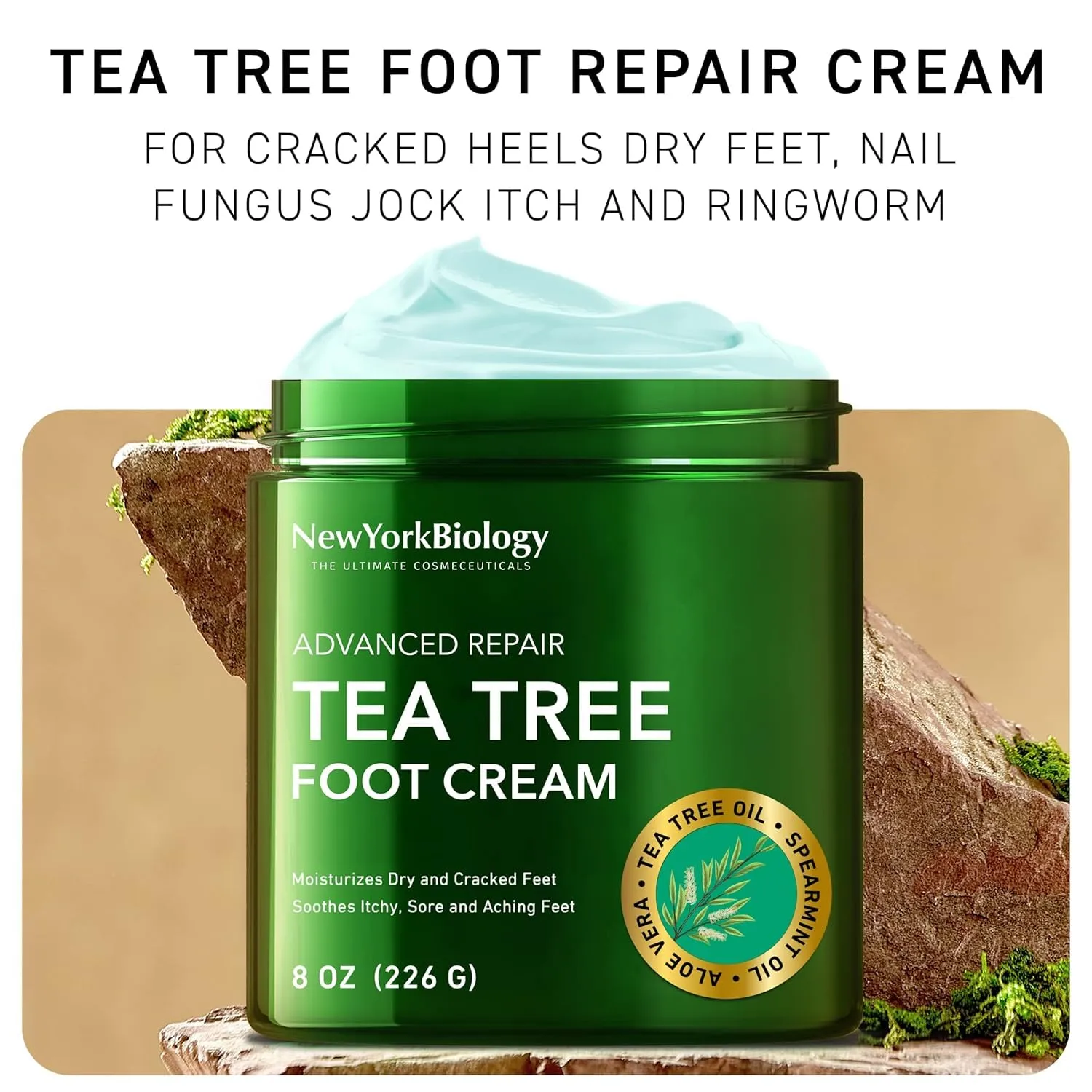 New York Biology Tea Tree Oil Foot Cream for Dry Cracked Feet, Athletes Foot, Nail Fungus, Jock Itch, Ringworm, Cracked Heels and Itchy Skin - Foot Cream - 8 oz - Pack of 2