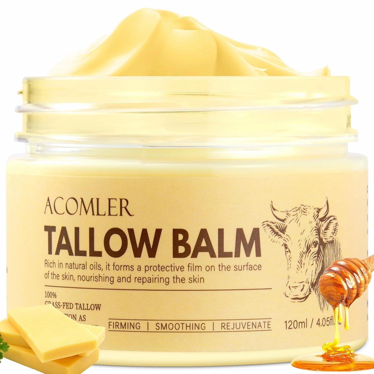 New Beef Tallow for Skin, Organic Grass Fed Beef Tallow for Face, Whipped Tallow Honey and Balm, Pure Tallow Face Moisturizer, Natural Beef Tallow Moisturizer,Unscented Tallow Balm for Dry Skin 4.05oz