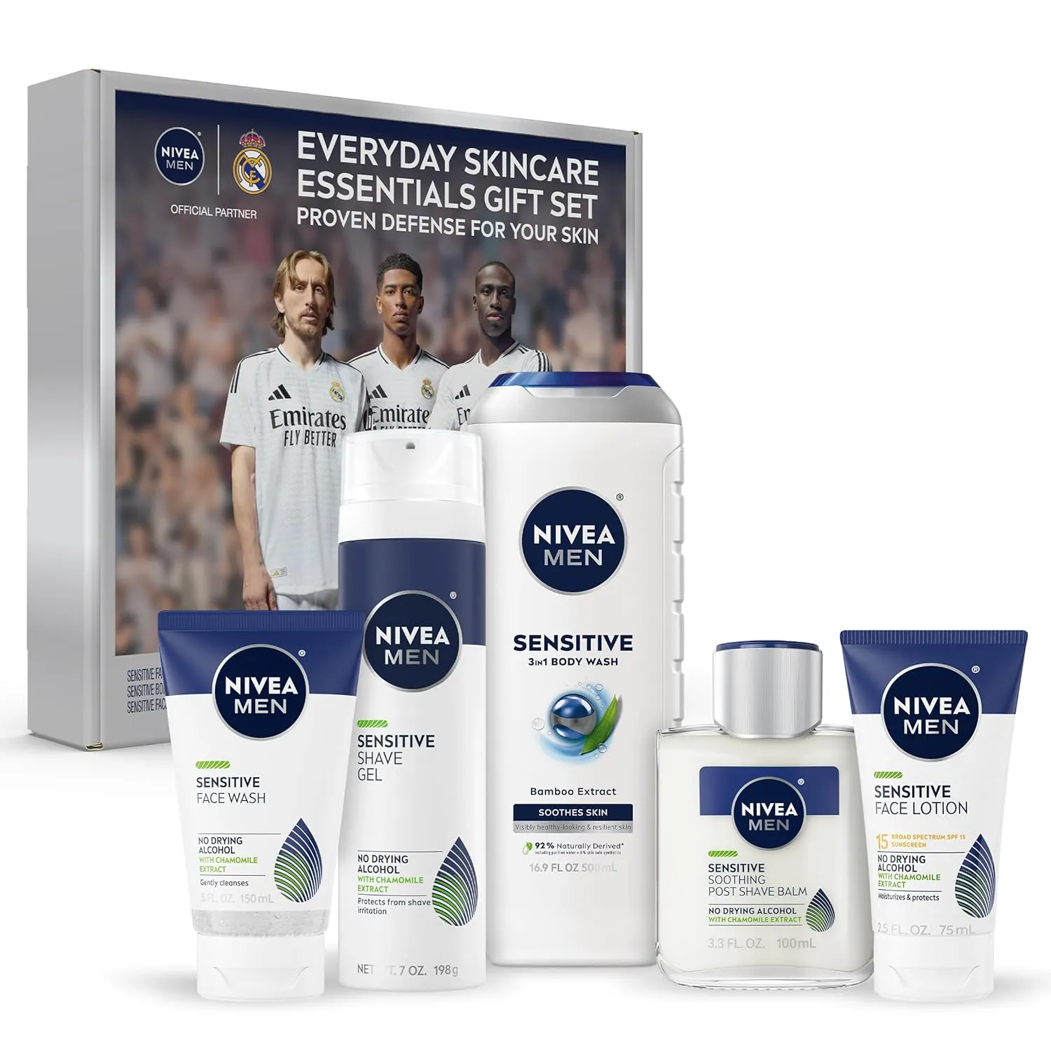 NIVEA MEN Sensitive Skin Care Set for Men, Face Wash, 5 Fl Oz   Body Wash, 16.9 Fl Oz   Shave Gel, 7 Oz   Soothing Post Shave Balm, 3.3 Fl Oz   Face Lotion SPF 15, 2.5 Fl Oz