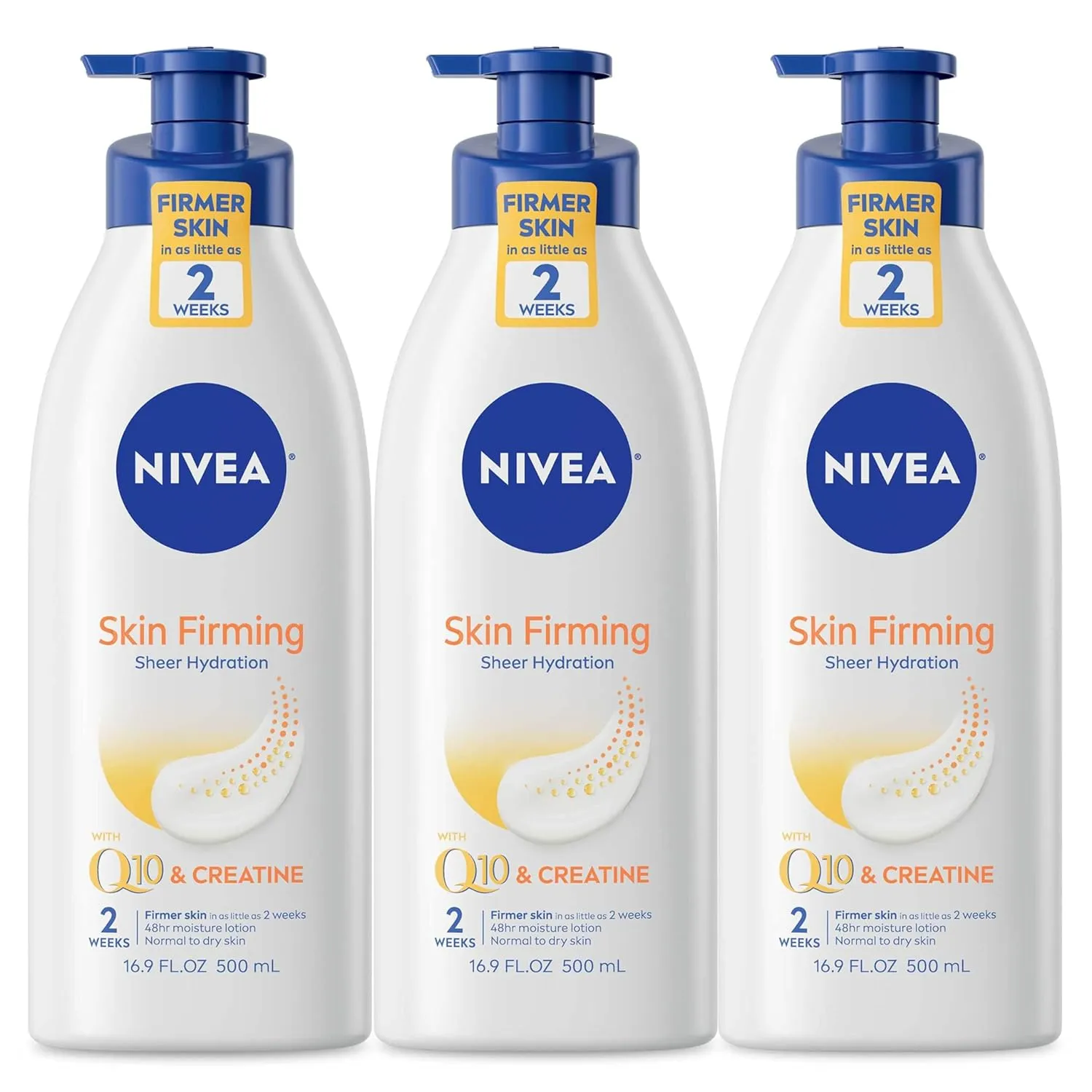 NIVEA Sheer Hydration Skin Firming Body Lotion with Q10 and Vitamin C, 72-Hour Body Moisturizer for Normal to Dry Skin, 16.9 Fl Oz Pump Bottle, Pack of 3
