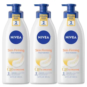 NIVEA Sheer Hydration Skin Firming Body Lotion with Q10 and Vitamin C, 72-Hour Body Moisturizer for Normal to Dry Skin, 16.9 Fl Oz Pump Bottle, Pack of 3