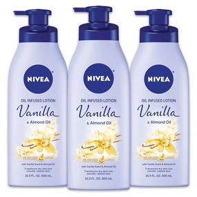 NIVEA Oil Infused Vanilla and Almond Oil Body Lotion for Women, Fast-Absorbing and Non-Greasy Vanilla Scented Lotion Moisturizes for 48 Hours, 16.9 Fl Oz Pump Bottle, Pack of 5