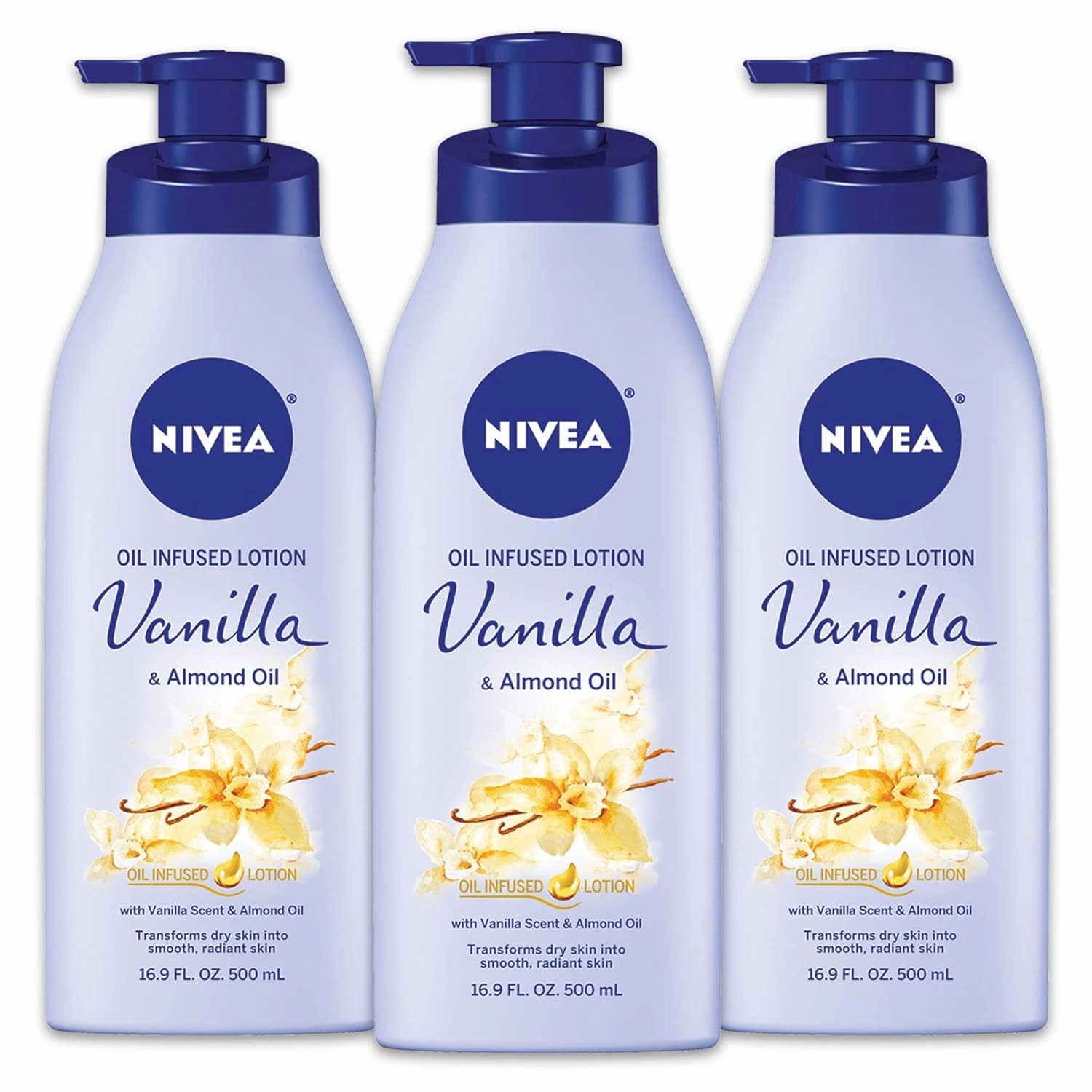 NIVEA Oil Infused Vanilla and Almond Oil Body Lotion for Women, Fast-Absorbing and Non-Greasy Vanilla Scented Lotion Moisturizes for 48 Hours, 16.9 Fl Oz Pump Bottle, Pack of 5