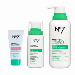 No7 Derm Solutions Sensitive Skin Trio - Hydrating Facial Cleanser (8 Fl Oz), 100hr Hydrating Face Moisturizer (3 Fl Oz) & Skin Barrier Repair Night Cream (1.7 Fl Oz)