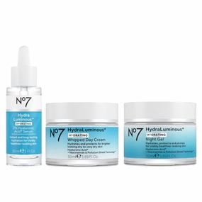 No7 HydraLuminous  2% Hyalyronic Acid Serum, Day Cream and Night Gel Moisturizer - Hyaluronic Acid and Vitamin B3 to Support Skin Barrier Repair - For Visibly Radiant & Healthier-Looking Skin- 3-Item