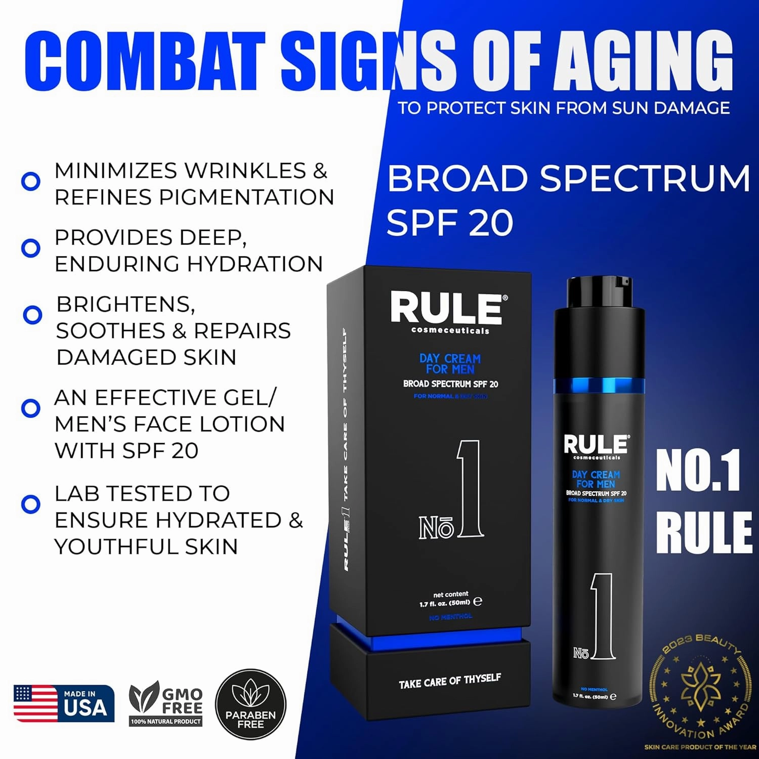 No.1 Day Cream, SPF 20, Face Moisturizer for Men, 10-in-1 Men’s Face Cream, Sunscreen, Combination Skin Moisturizer, Men’s Grooming Solution, No Menthol, 50 mL