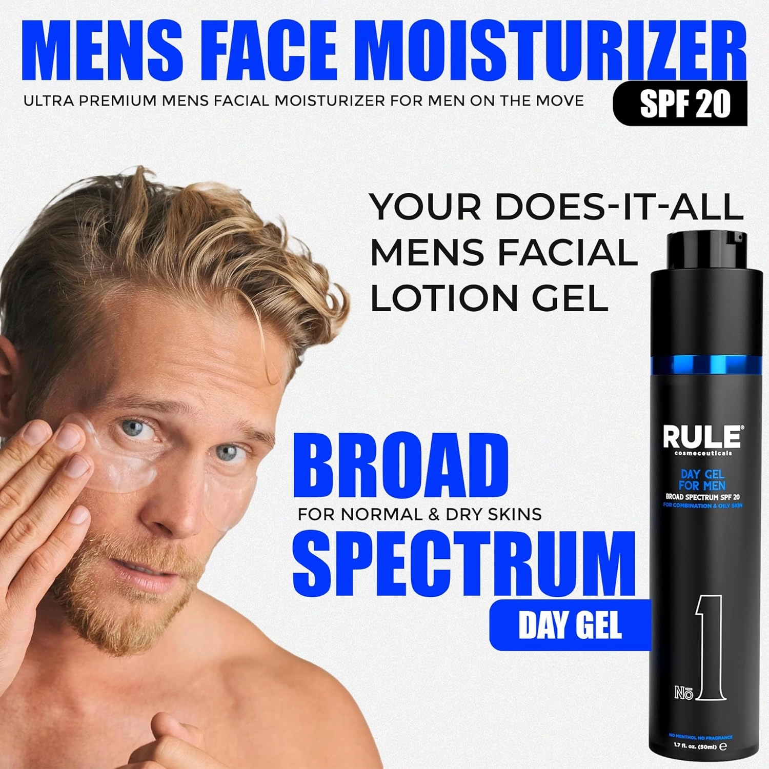 No. 1 Day Gel, SPF 20, Moisturizer for Face, Sunscreen & Moisturizer for Men, Moisturizer for Dry Skin, Men’s Grooming Solution, No Menthol, No Fragrance, 50 mL