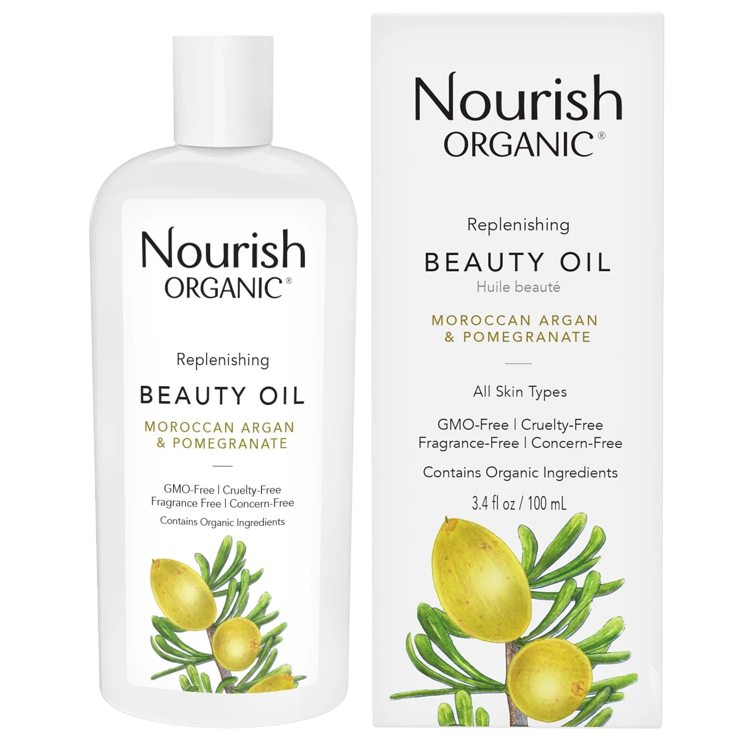 Nourish Organic Beauty Oil – Replenishing Moroccan Argan, Pomegranate, Rosehip & Vitamin E Oils, 3.4 Oz   Washable Cotton Round