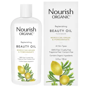 Nourish Organic Beauty Oil – Replenishing Moroccan Argan, Pomegranate, Rosehip & Vitamin E Oils, 3.4 Oz   Washable Cotton Round