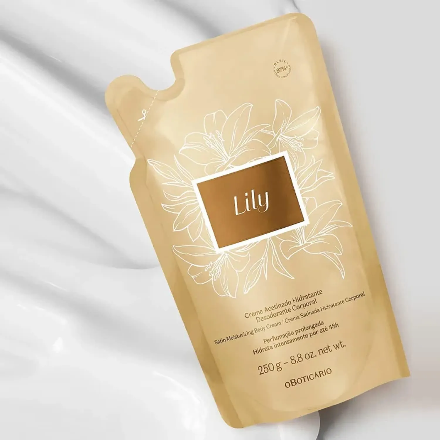O Boticário Lily Satin Moisturizing Body Cream REFILL POUCH, 24 Hour Fragranced Body Butter for Dry Skin, 8.8 Ounce (250g)